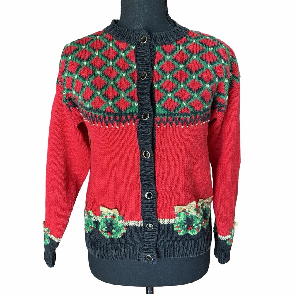 Vintage Lydia Jane Christmas Cardigan Womens M 10-12 Wreath Knit Holiday Sweater